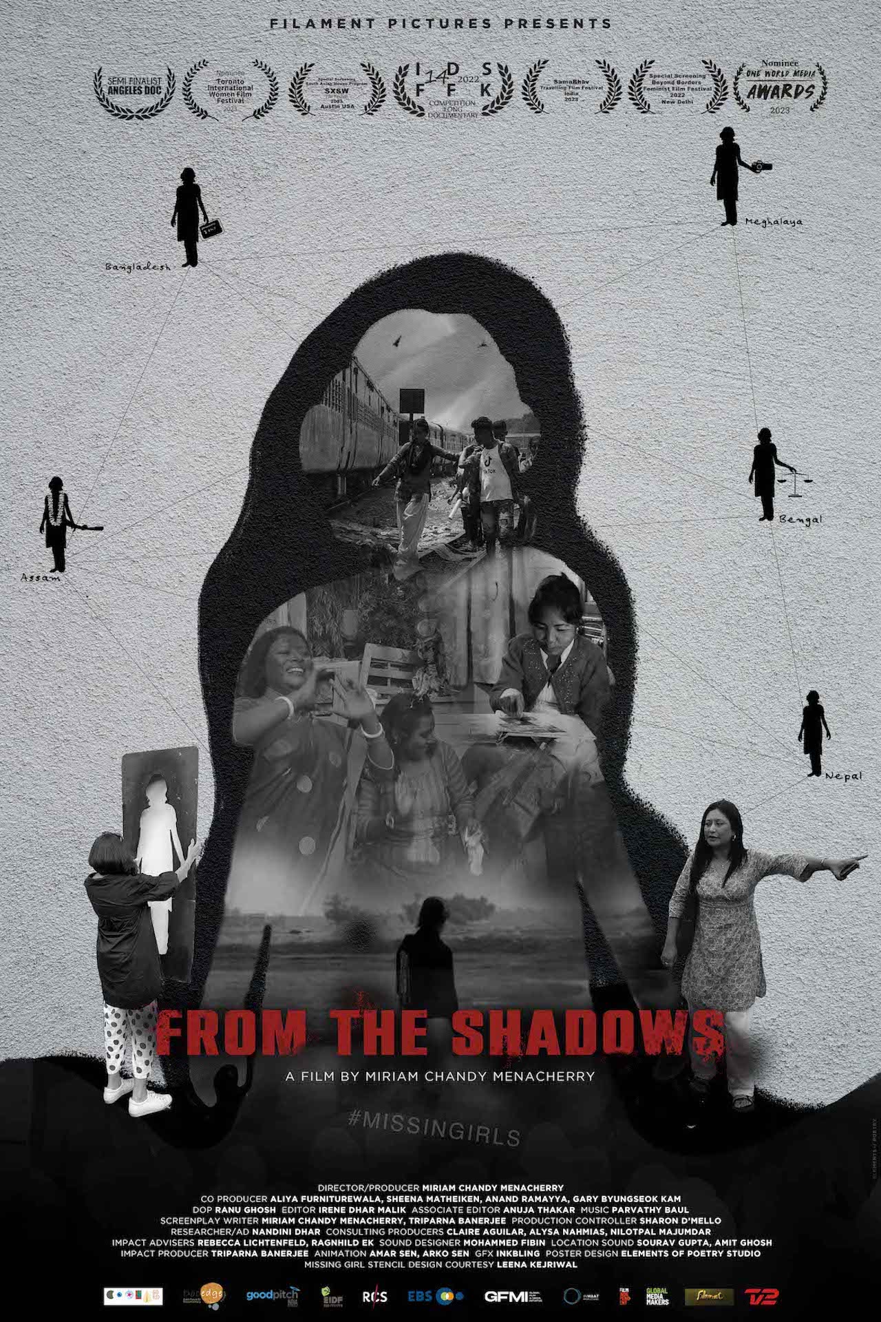 Poster of the documentary film From the Shadows. It shows various stillf of the film within the silhoutte of the the MissingGirl artwork created by the artist, who is the protagonist of the film